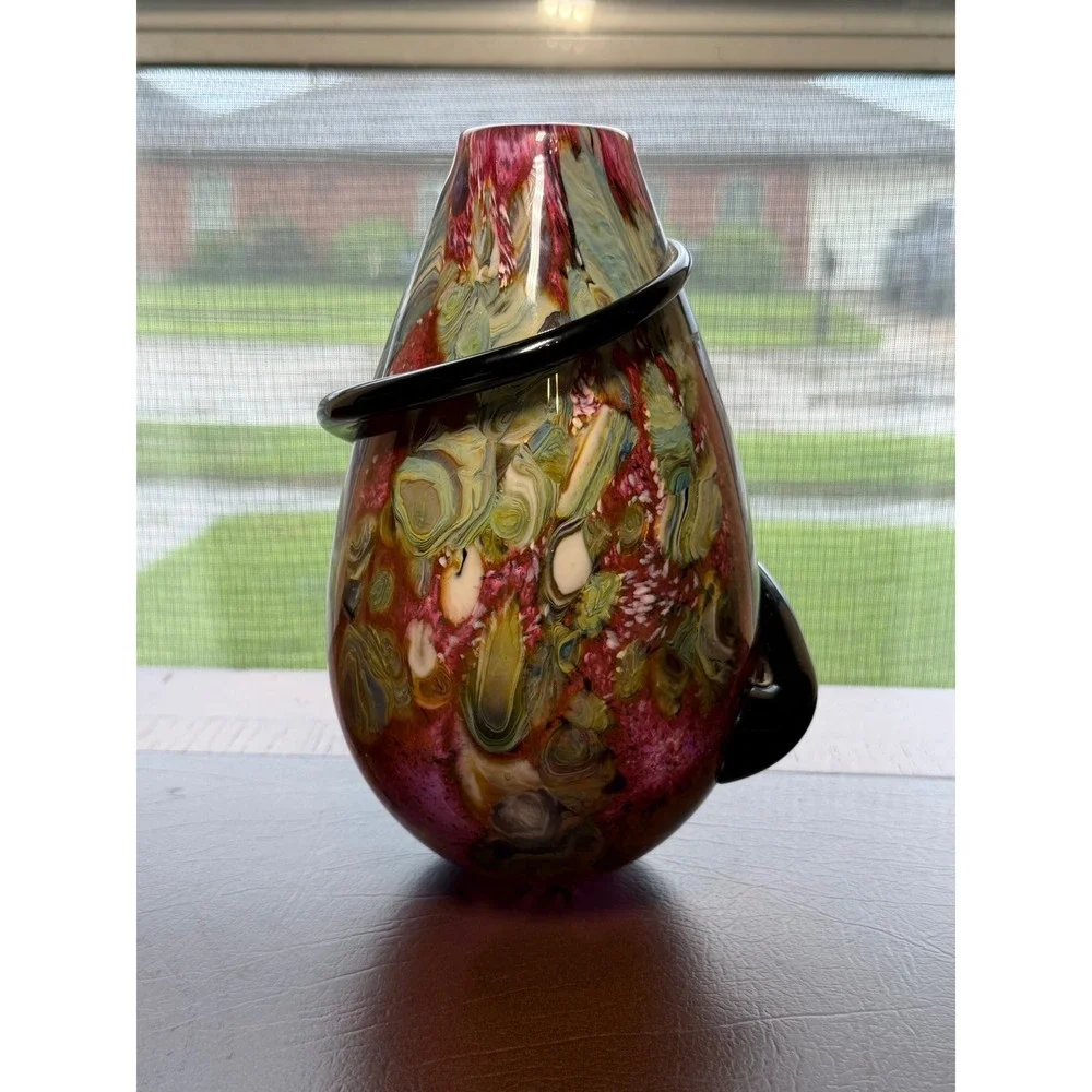 Robert Eickholdt 2000 Signed Studio Art Glass Vase Dichroic Black Wrap Sculpture